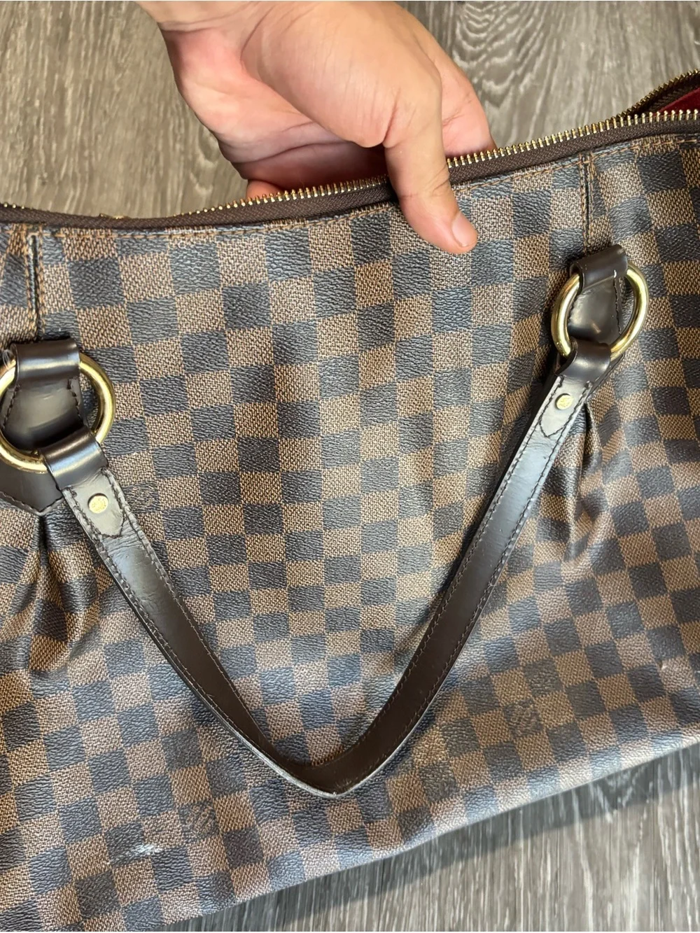 Louis Vuitton Brown Damier Shoulder Bag with Burgundy Interior